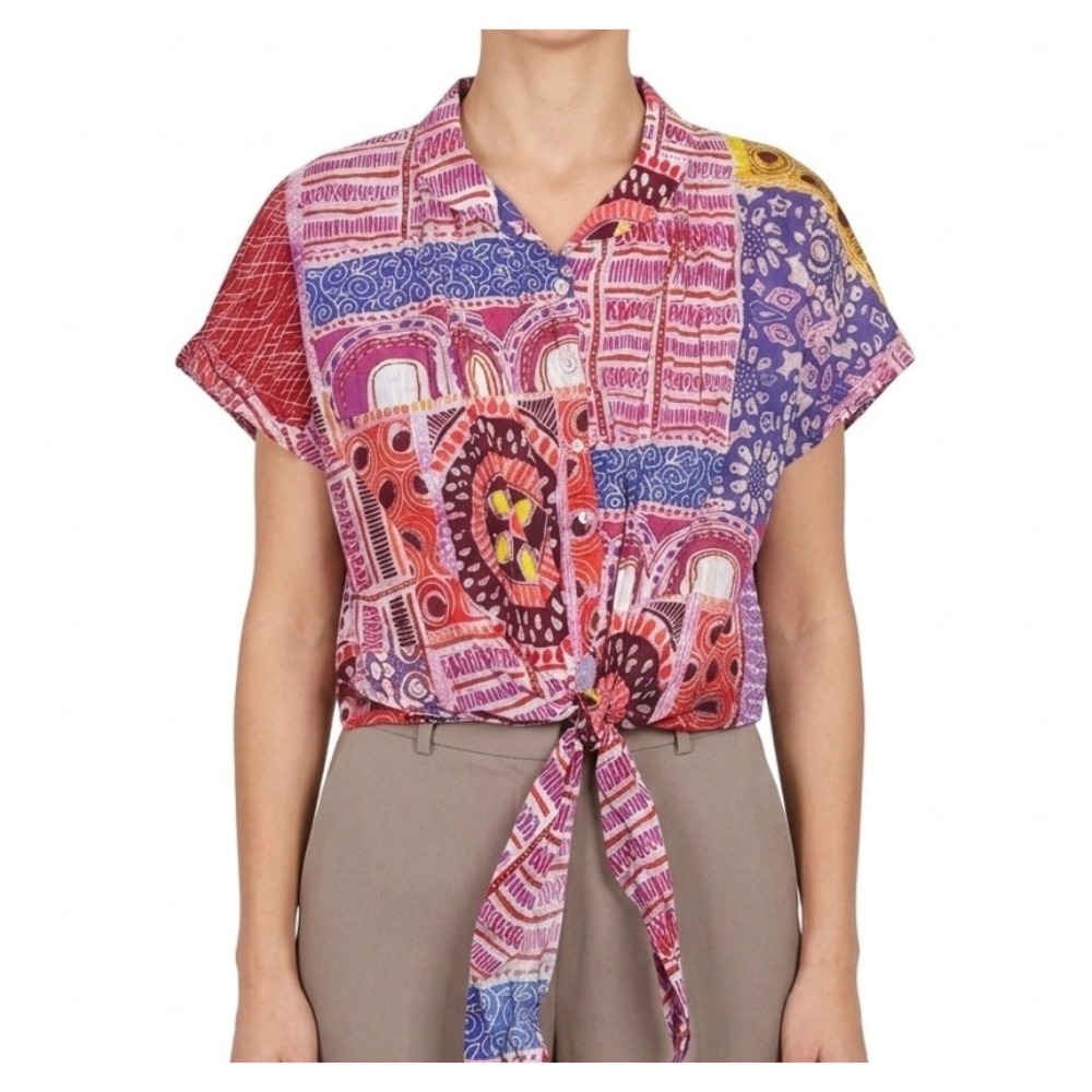 Ivy Jane patchwork crop top sz S/M boho festival button down cotton shirt artsy